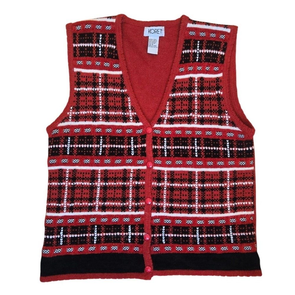 Vintage Koret Red Plaid Sweater Vest Holiday Cottagecore Granny Christmas Medium